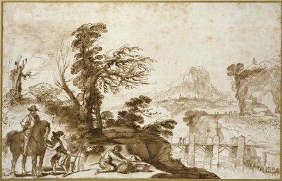Maisema ratsumiehen ja sillan kanssa (kynä ja pesu ruskealla musteella ja mustalla liidulla luonnonvalkoiselle paperille) tekijältä Giovanni Francesco Barbieri