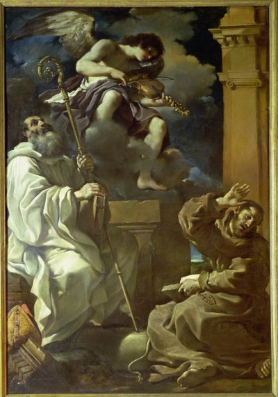 Pyhä Franciscus (1182-1226) ekstaasissa ja Pyhä Benedictus (480-527) enkelimuusikon kanssa, 1620 tekijältä Giovanni Francesco Barbieri