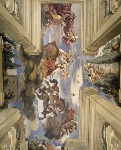 Sala di Aurora Aamunkoiton sali Aamunkoiton vaunuja kuvaava yksityiskohta katosta, 1621, tempera paneelilla tekijältä Giovanni Francesco Barbieri