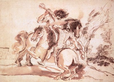 Kaksi ratsumiestä taistelevat (kynä ja muste ja pese paperille) tekijältä Giovanni Francesco Barbieri