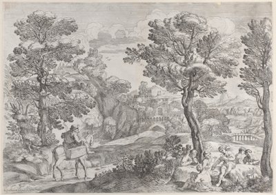 Oikealla ryhmä ihmisiä pelaamassa korttia ja vasemmalla mies hevosen selässä, 1626-80. tekijältä Giovanni Francesco Grimaldi