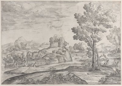 Talo pyöreän kiven päällä keskellä, ihmisiä joessa ja kanooteissa, 1626-80. tekijältä Giovanni Francesco Grimaldi