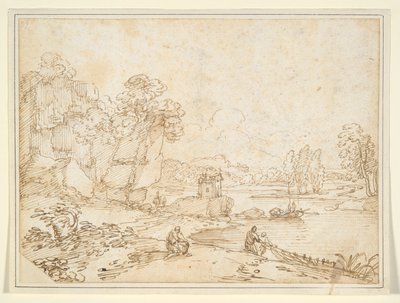 Kalliot joen rannalla kalastajien kanssa tekijältä Giovanni Francesco Grimaldi