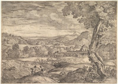 Maisema, jossa tiilitehdas keskellä, seisova mies etualalla p..., 1626-80. tekijältä Giovanni Francesco Grimaldi