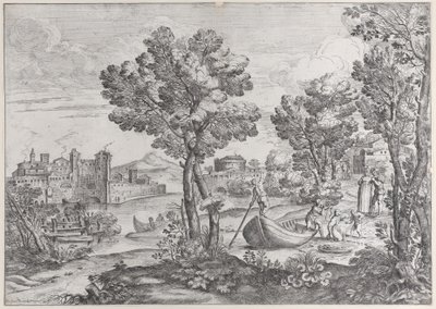 Maisema, jossa mies pitelee käärmettä kauhistuneelle lapselle, jota katselee muodikas dre..., 1626-80. tekijältä Giovanni Francesco Grimaldi