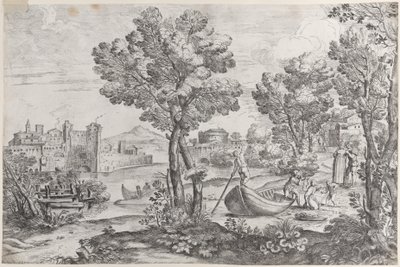 Maisema, jossa mies pitelee käärmettä kauhistuneelle lapselle, jota katselee muodikas dre..., 1626-80. tekijältä Giovanni Francesco Grimaldi