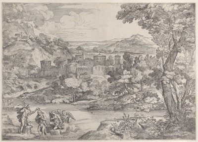 Kristuksen kaste alhaalla vasemmalla, maiseman sisällä, 1626-80., 1626-80. tekijältä Giovanni Francesco Grimaldi