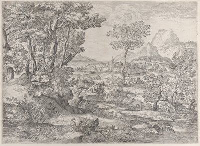 Kolme poikaa maisemassa kaupunki taustalla, 1626-80. tekijältä Giovanni Francesco Grimaldi