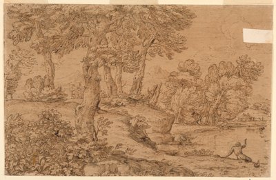 Metsäinen maisema lampineen tekijältä Giovanni Francesco Grimaldi