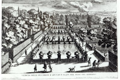 Kalalammet Villa dEstessä, Tivolissa, Giovanni Battista Faldan (n. 1648-1787) Le Fontanen teoksesta, julkaisija 1689 tekijältä Giovanni Francesco Venturini