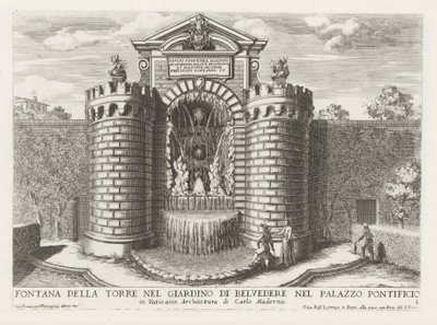 Fontein in de Vaticaanse tuinen Torni suihkulähde Belvederen puutarhassa Paavin palatsissa (...) (otsikko esineessä) Suihkulähteet Rooman palatseissa ja puutarhoissa (sarjan nimi) Fonteinen in de paleizen en tuinen van Rome (sarjan nimi) tekijältä Giovanni Francesco Venturini