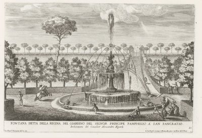 Fontein in de tuinen Villa Doria Pamphilj te Roomassa Kuningattarena tunnettu suihkulähde prinssi Pamphilion puutarhassa San Pancratiossa (otsikko esineessä) Suihkulähteet Rooman palatseissa ja puutarhoissa (sarjan nimi) Fonteinen in de paleizen en tuinen  tekijältä Giovanni Francesco Venturini