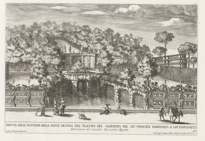 Fontein in de tuinen Villa Doria Pamphilj te Roomassa Näkymä suihkulähteille puutarhateatterin oikealla puolella (...) (otsikko esineessä) Suihkulähteet Rooman palatseissa ja puutarhoissa (sarjan nimi) Fonteinen in de paleizen en tuinen van Rome (sarja tekijältä Giovanni Francesco Venturini