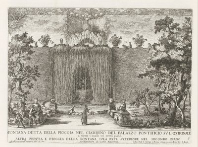 Fontein in de tuinen van het Quirinal Palace Roomassa Sateena tunnettu suihkulähde Quirinalen paavinpalatsin puutarhassa (...) (otsikko esineessä) Suihkulähteet Rooman palatseissa ja puutarhoissa (sarjan nimi) Fonteinen in de paleizen en tuine tekijältä Giovanni Francesco Venturini
