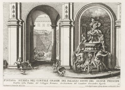Fontein in een binnenplaats van het Palazzo Doria Pamphilj te Rome Suihkulähde Palazzo Nuovo del Signor prencipen suurella sisäpihalla (...) (otsikko esineessä) Suihkulähteet Rooman palatseissa ja puutarhoissa (sarjan nimi) Fonteinen in de paleizen en tu tekijältä Giovanni Francesco Venturini