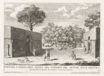 Fontein tapasi adelaarin Rooman Villa Celimontanan tuisessa Suihkulähde ja piazza del aquila herttua Mattein puutarhassa (...) (otsikko esineessä) Suihkulähteet Rooman palatseissa ja puutarhoissa (sarjan nimi) Fonteinen in de paleizen en tuinen van R tekijältä Giovanni Francesco Venturini
