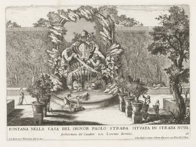 Suihkulähde, jossa paavin vaakuna, kaksi tritonia ja delfiinejä Fontana nella casa del signor Paolo strada situata in strada nova (otsikko esineessä) Le fontane ne palazzi e ne giardini di Roma (sarjan nimi) Suihkulähteet Rooman palatseissa ja puutarhoissa tekijältä Giovanni Francesco Venturini
