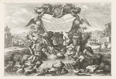 Suihkulähde, jossa Livio Odescalchin omistautuminen ja vaakuna Le fontane ne palazzi e ne giardini di Roma (sarjan nimi) Suihkulähteet Rooman palatseissa ja puutarhoissa (sarjan nimi) tekijältä Giovanni Francesco Venturini