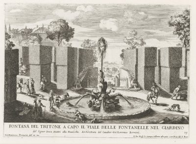 Fontein tapasi tritonin de tuinen van de Villa Celimontana te Roomassa Triton-suihkulähde puutarhan suihkulähteiden kadun päässä (...) (otsikko esineessä) Suihkulähteet Rooman palatseissa ja puutarhoissa (sarjan nimi) Fonteinen in de paleizen en tuinen van tekijältä Giovanni Francesco Venturini