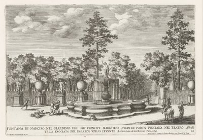 Fontein van Narcissus Villa Borghesessa Roomassa Narkissuksen suihkulähde herra Principe Borghesen puutarhassa (...) (otsikko esineessä) Suihkulähteet Rooman palatseissa ja puutarhoissa (sarjan nimi) Fonteinen in de paleizen en tuinen van Rome (sarjan nimi tekijältä Giovanni Francesco Venturini