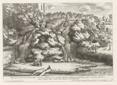 Landschap met cascade en Tempel van de Tiburtijnse Sibille t ja Tivoli Aniene-joen kohouma ja vesiputous sekä sibylin temppeli (...) (otsikko esineessä) Estense-puutarhan suihkulähteet Tivolissa (sarjan nimi) Fonteinen in de tuinen van Villa d