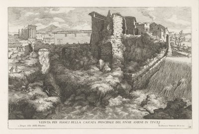 Landschap met waterval en tempel van de Tiburtijnse Sibille t ja Tivoli Sivukuva Aniene-joen päävesiputouksesta Tivolissa (otsikko esineessä) Estense-puutarhan suihkulähteet Tivolissa (sarjan nimi) Fonteinen in de tuinen van Villa d