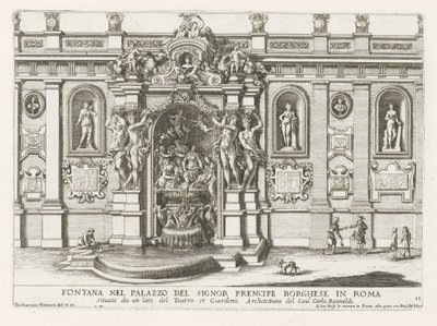 Nymphaeum Palazzo Borghesen binnenplaatsilla Roomassa Suihkulähde prinssi Borghesen palatsissa Roomassa (...) (otsikko esineessä) Suihkulähteet Rooman palatseissa ja puutarhoissa (sarjan nimi) Fonteinen in de paleizen en tuinen van Rome (sarja tekijältä Giovanni Francesco Venturini
