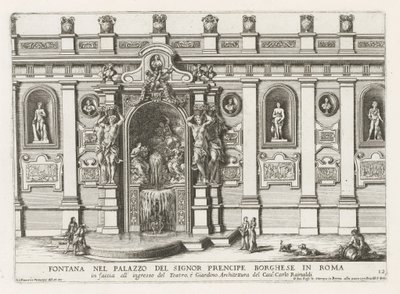 Nymphaeum in de binnenplaats van het Palazzo Borghese te Rome Suihkulähde Signor prencipe Borghesen palatsissa Roomassa (...) (otsikko esineessä) Suihkulähteet Rooman palatseissa ja puutarhoissa (sarjan nimi) Fonteinen in de paleizen en tuinen van Rome (sa tekijältä Giovanni Francesco Venturini