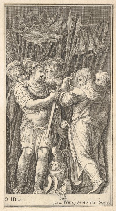 Sotilaat, yksi edessä ja miekka kädessään, oikealla sotilas ba..., n. 1650-1700. tekijältä Giovanni Francesco Venturini