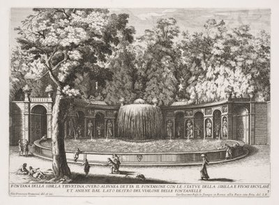 Rooman suihkulähteet, kirja IV, levy 7: Tiburtine Sibylin suihkulähde (Fontana della Sibilla Tiburtina) tekijältä Giovanni Francesco Venturini
