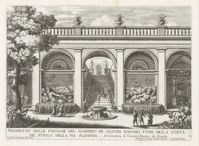 Tuin van een paleis te Rooma Esite lordi Boromein puutarhan suihkulähteistä (...) (otsikko esineessä) Suihkulähteet Rooman palatseissa ja puutarhoissa (sarjan nimi) Fonteinen in de paleizen en tuinen van Rome (sarjan nimi) tekijältä Giovanni Francesco Venturini