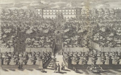 Näkymä palatsille puutarhakerroksesta ja sen suihkulähteistä ..., 1691 tai sen jälkeen. tekijältä Giovanni Francesco Venturini