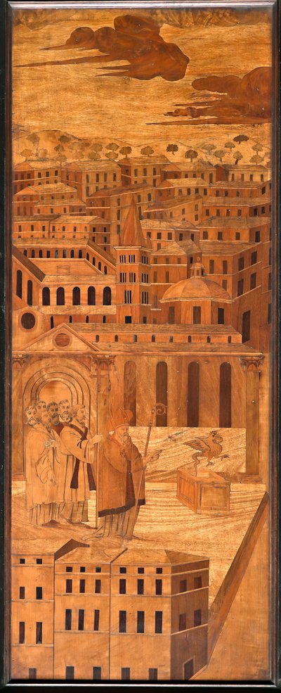Genova, Duomo (St Lawrence Cathedral), sisällä, apsi, kuoro, pohjoispuoli: "St Syrus ajaa pois basiliskin", puuintarsia Anselmo De 