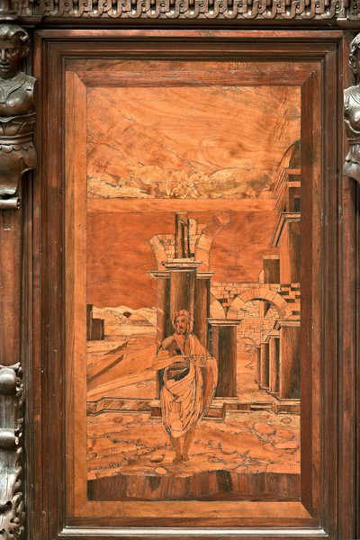 Genova, Duomo (Pyhän Laurentiuksen katedraali), sisällä, apsi, kuoro, pohjoispuoli: "Kastaja erämaassa", Giovanni Francesco Zambellin puuintarsia (XVI vuosisata) tekijältä Giovanni Francesco Zambelli