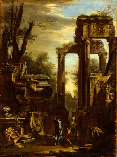 Klassisten raunioiden ja patsaiden capriccio, jossa hahmot keskustelevat tekijältä Giovanni Ghisolfi