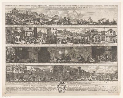 Optocht om Rome vrij te maken van de pest Isänpuoleisen Pietra di N. S. PP:n yleisellä edulla tekemät huolellisuustilaukset ja korjaukset. Aleksanteri VII. et emin.mi SS. card.li S. congr.me della sanitasta vapauttaakseen Rooman kaupungin tartunnasta (otsi tekijältä Giovanni Giacomo de
