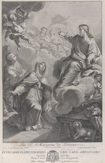 Pyhä Margarita Cortonalainen polvistumassa Kristuksen edessä, Pietro Andrea Pucciardin jälkeen..., n. 1702-1741 tekijältä Giovanni Girolamo Frezza