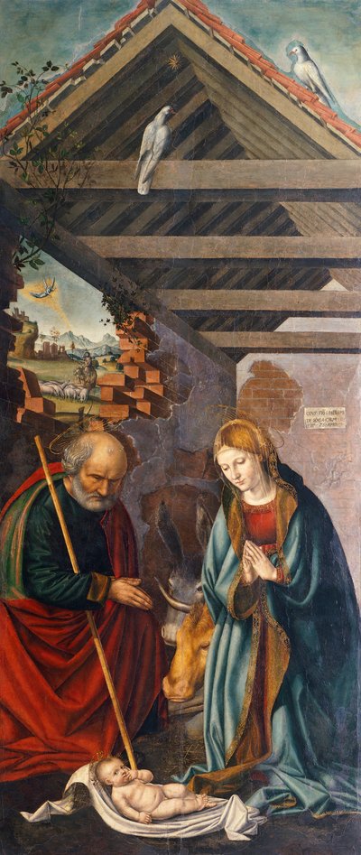 Lapsen palvominen, triptyykin keskimmäinen paneeli, jossa on syntymäkuvaus, jossa on pyhimykset Franciscus ja Bartolomeus sekä kaksi lahjoittajaa. tekijältä Giovanni Girolamo Savoldo