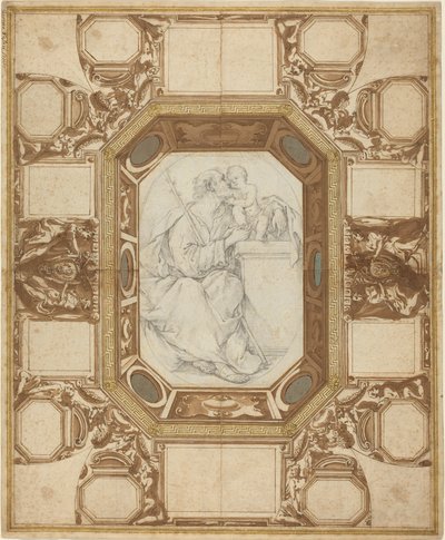 Katto allegorisilla hahmoilla ja paavi Sixtus V:n käsivarsilla (Guerran ulkopiirros); Pyhä Joosef ja Kristus-lapsi (Vianin keskuspiirros) tekijältä Giovanni Guerra and Domenico Maria Viani