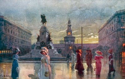 Milano / Milano: Largo Cairoli ja Monum, Garibaldi (värilitografia). tekijältä Giovanni Guerzoni