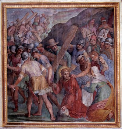 Kristuksen kärsimys: Lankeemus matkalla Golgatalle (Fresko tekijältä Giovanni Il Cosci Balducci