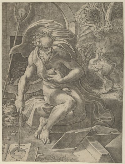 Diogenes istuu tynnyri takanaan ja lukee kirjaa pitäen keppiä..., n. 1526-27. tekijältä Giovanni Jacopo Caraglio