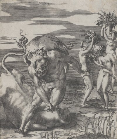 Hercules voitti jokijumalan Achelouksen härän muodossa, kolmen naisen kanssa..., n. 1526-27. tekijältä Giovanni Jacopo Caraglio