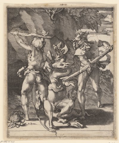 Hercules taistelee Lernan hydraa vastaan Kohtauksia Herculesin kanssa (sarjan nimi) tekijältä Giovanni Jacopo Caraglio