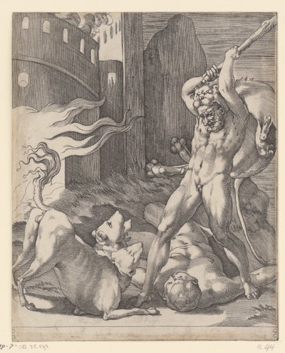 Hercules taistelee Cerberusta vastaan Kohtauksia Herculesin kanssa (sarjan nimi) tekijältä Giovanni Jacopo Caraglio