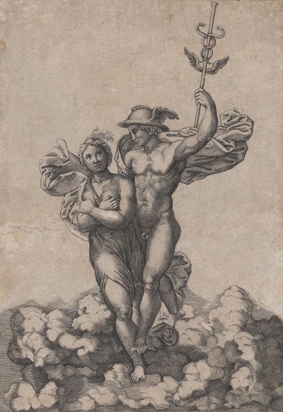 Merkurius kuljettaa Psycheä Olympukseen Rafaelin sävellyksen jälkeen Villa Farnesissa..., n. 1520-39. tekijältä Giovanni Jacopo Caraglio