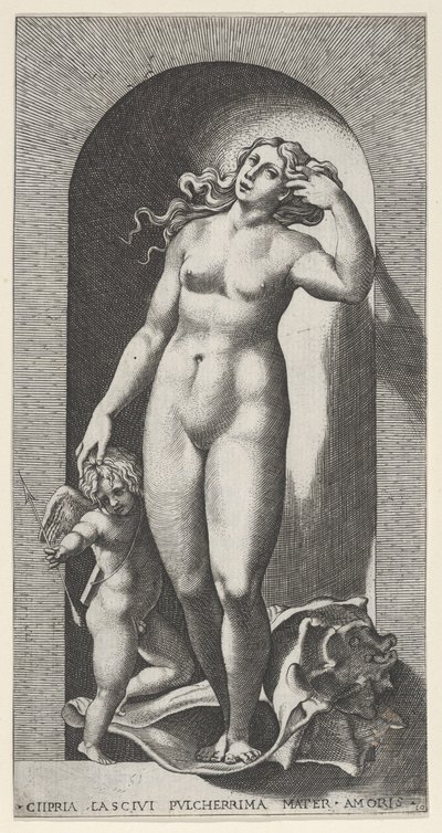 Levy 10: Venus kapealla, seisoo simpukankuorella, Amor oikealla puolellaan, ser..., 1526. tekijältä Giovanni Jacopo Caraglio