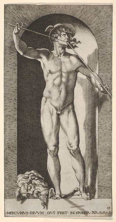 Levy 14: Merkurius seisoo markkinarakossa soittamassa piippujaan vanhan m..., 1526, katkaistu pää. tekijältä Giovanni Jacopo Caraglio