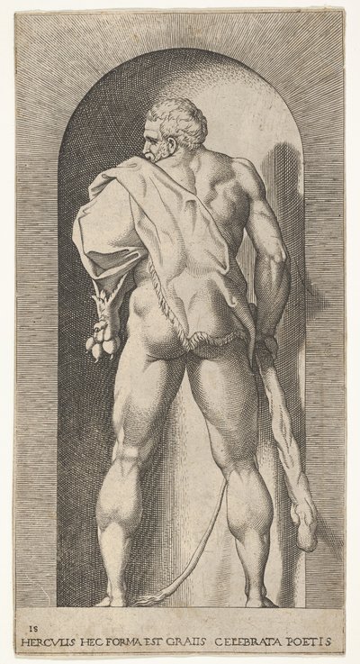 Levy 15: Herkules seisomassa markkinaraossa, yllään leijonanaha ja kädessään nuija, katsottuna edestäpäin..., 1526. tekijältä Giovanni Jacopo Caraglio