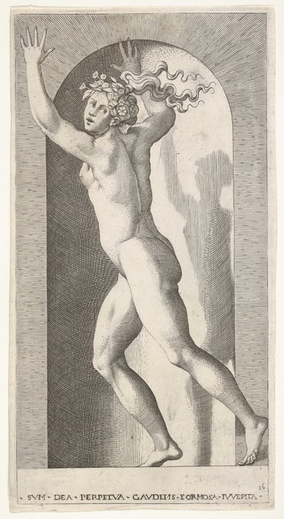 Levy 16: Hebe markkinarakossa kädet ilmassa, juoksee vasemmalle katsoen..., 1526. tekijältä Giovanni Jacopo Caraglio